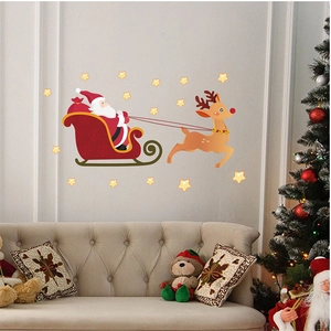Christmas Wall Stickers PVC Cartoon Santa Claus Reindeer Merry Christmas Lettering For Home Holiday DIY Colorful Decor