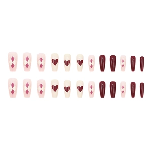 Glossy argyle and heart pattern coffin fake nails in burgundy and cream white