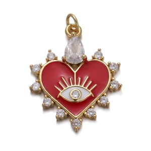 Close-up of heart-shaped evil eye pendant with red enamel and sparkling zircons