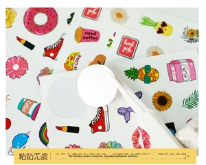 Detail showing self-adhesive waterproof cartoon stickers being peeled with tweezers