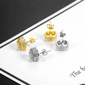 Pair of gold and silver S925 sterling silver hip hop stud earrings with full zircon stones