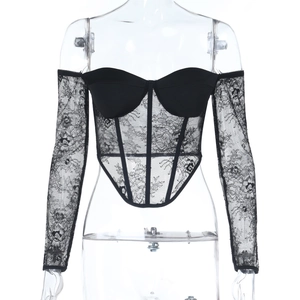 Detail view of black lace off-shoulder corset top with sheer sleeves and boning structure