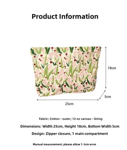 Floral tulip canvas makeup bag dimensions 25x18x5cm with zip closure and cotton fabric