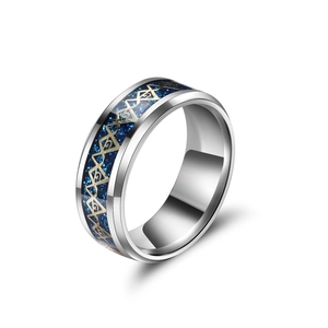 Men's silver stainless steel Freemason ring with blue glitter inlay and gold symbols