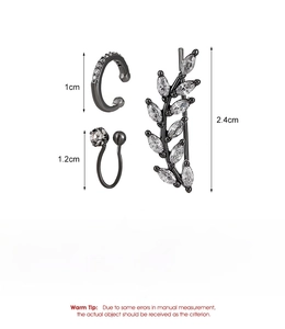 Detailed size specifications for gunmetal leaf ear cuff and rhinestone earring set