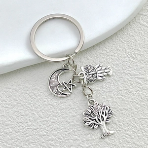 Antique Silver Tree Of Life Moon Stars Owl Pendant Keychain Minimalist Alloy Bag Charm Accessory Jewelry Key Ring Gift