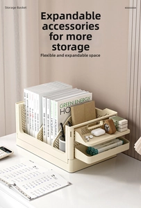 Detail of cream desktop storage basket featuring layered side trays and mesh design