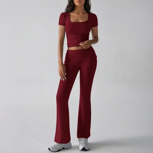 Women Crop Top And Flare Pants Viscose Elastane Casual Sporty Y2K Solid Color Loungewear