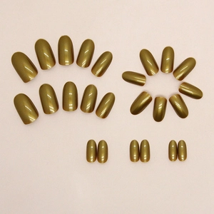 Metallic olive gold almond oval false nails with high-gloss chrome mirror finish set