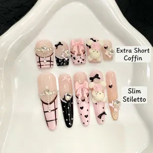 Handmade Press On Nails With 3D Resin Bear Bow Rhinestones Sweet Y2K Pink Black Grid Full Cover False Nails For Women
