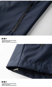 Dettaglio della giacca outdoor blu scuro con cerniere termosaldate e coulisse regolabile