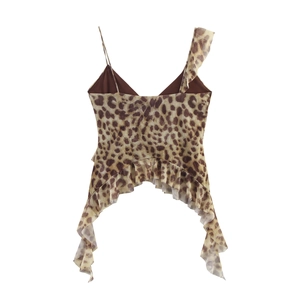Women leopard print camisole with asymmetric ruffle straps and irregular hemline