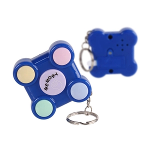 Mini handheld memory game console keychain in blue with colorful buttons and light