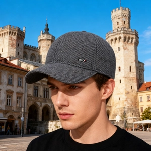 Men's winter thermal baseball cap with ear flaps in dark grey knitted texture