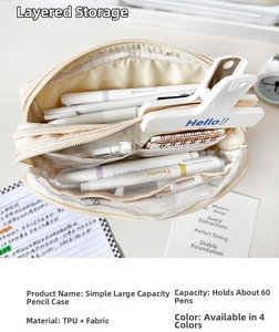 Detail of 4-layer transparent TPU pencil bag showing 60-pen capacity storage
