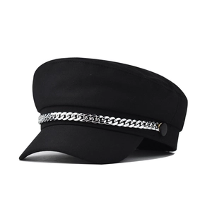 Retro Newsboy Cap For Women With Silver Metal Chain Decoration Cotton Polyester Blend Flat Top Sailor Military Hat