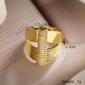 Detail view of 18K gold plated ring with micro-pave pillars and size measurements