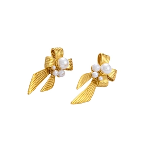 Elegant 18K gold plated bow earrings with white pearls and sparkling zircon accents