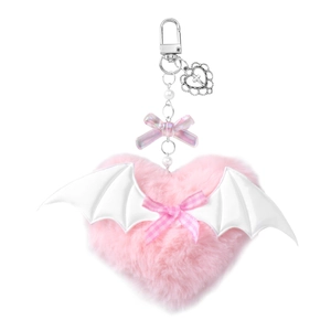 Sweet pink plush heart keychain with white wings and silver metallic chain