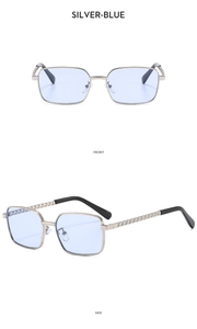 Detail view of silver square sunglasses with blue lenses and chain temple design