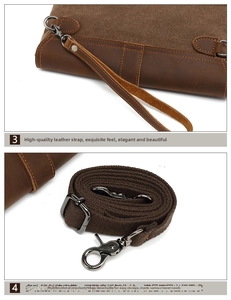 Detail of dark brown leather handle and adjustable woven shoulder strap with metal hooks