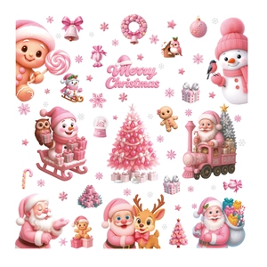 Pink 3D clay style Christmas window stickers set with Santa and gingerbread man