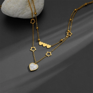 Double-layered 18k gold plated titanium necklace with hollow stars and white shell heart