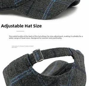 Detail of adjustable metal buckle and grey plaid wool texture on the baseball cap