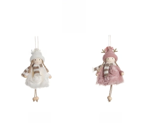Detail of plush white and pink fabric angel dolls with reindeer antlers for Christmas trees