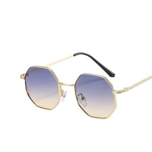 Polygonal gold metal sunglasses with purple to yellow gradient lenses on white background