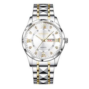 Men's business quartz watch with two-tone steel band and day-date display calendar