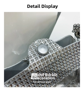 Detailed macro view of sparkling rhinestone texture and round metal decorative buckle