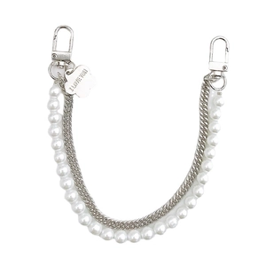 Silver metal and white pearl double-layer phone charm chain with heart I LOVE YOU tag