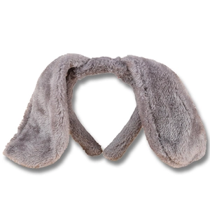 Detailed close-up of soft grey plush bunny ears headband for cosplay and festivals