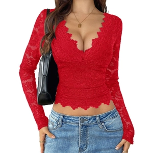 Red Y2K style lace long sleeve top with deep V-neck and scalloped hem for women