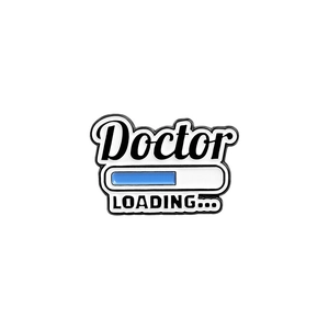 Enamel brooch with black Doctor text and blue loading progress bar on white background
