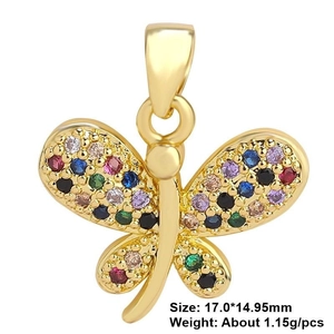 Macro detail of a gold dragonfly pendant with colorful zircons and 17mm size specifications