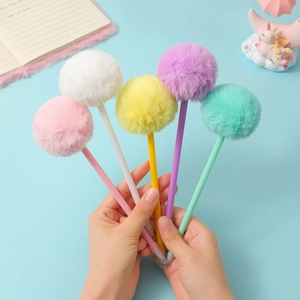 Set of five cute candy-colored plush ball pens in pink white yellow purple and green