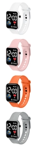 Vertical display of square digital watches in white, pink, orange, and gray silicone