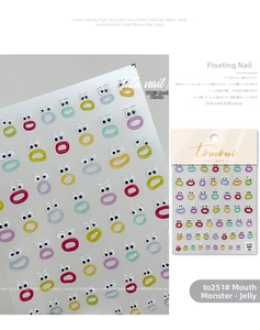 Macro detail of 3D embossed nail stickers featuring funny colorful cartoon lip patterns