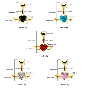 Dimensions détaillées des piercings nombril coeur et ailes en cinq couleurs de zircon