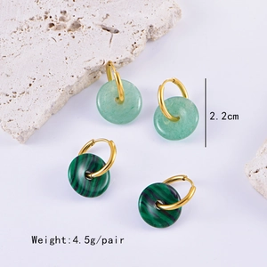 Detail of 2.2cm natural stone hoop earrings with green malachite and aventurine pendants