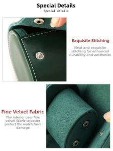 Detail view of green leather watch roll with white stitching and soft velvet lining