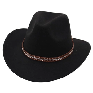 Classic black felt cowboy hat with a brown rhinestone studded leather band and wide brim