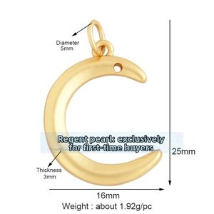 Macro detail of crescent moon pendant in matte gold finish with size dimensions