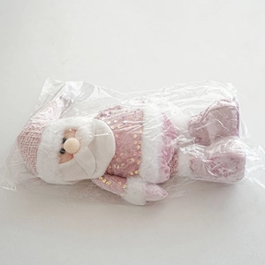 Pink sequin Santa Claus plush doll with telescopic legs in retail plastic packaging