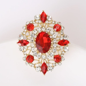 Detailed macro view of vintage gold brooch with red gemstone and clear rhinestones