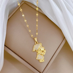Luxurious gold titanium steel necklace featuring a sparkling zircon-encrusted girl pendant