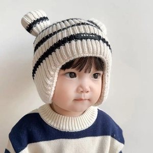 Cute baby winter knit hat with black and white stripes and 3D ear decorations