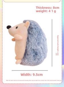 Detailed side view of blue-grey plush hedgehog keychain showing soft texture and size